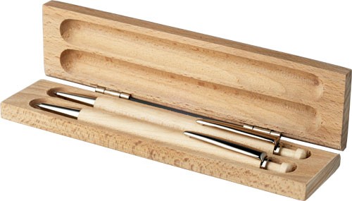 Set houten pennen in houten giftbox.